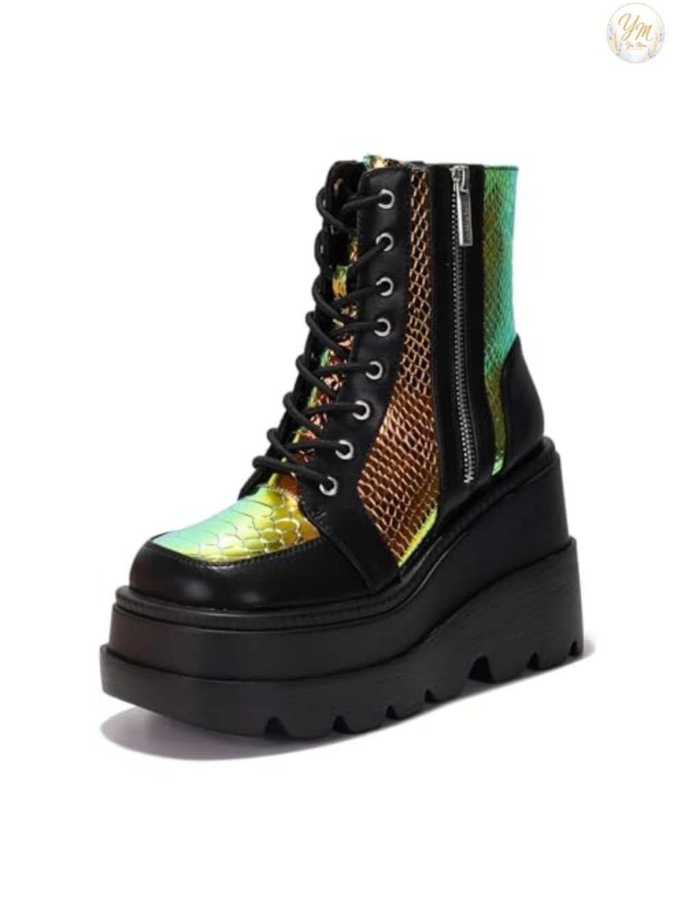 Platform Ankle Boots Chunky Block Heel Women's Holographic Snakeskin Lace Up